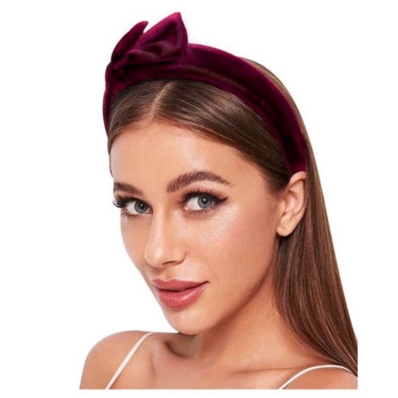 Accessories - Velvet Padded Bow Headband- Wine Red